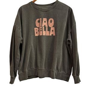 Z Supply Women's Ciao Bella Graphic Crewneck Comfort Lounge Grey Pink Sweater Lg
